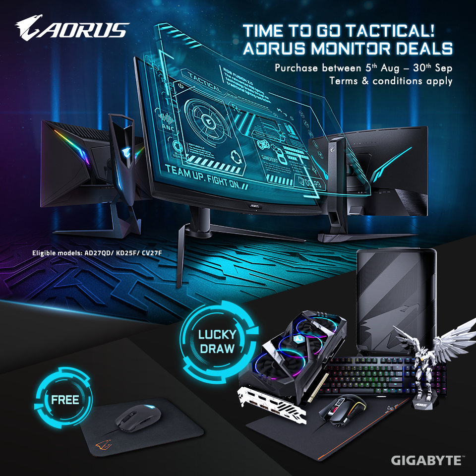 TIME TO GO TACTICAL!  BUY AORUS TACTICAL GAMING MONITOR AND WIN AN AORUS RTX 2060, AORUS LUGGAGE AND MORE!